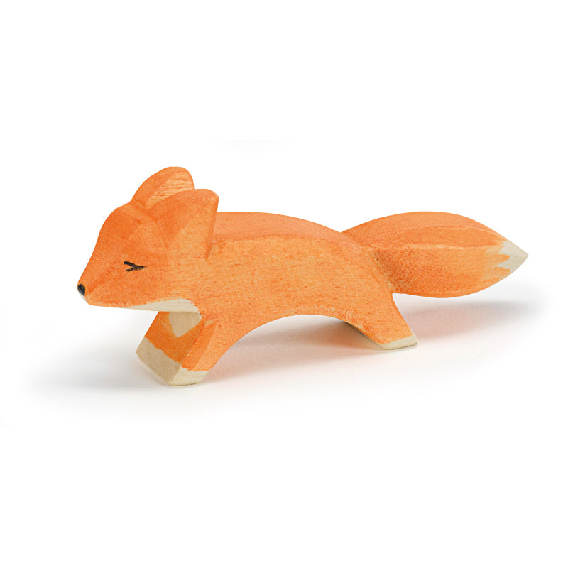 A handcrafted Ostheimer Small Fox - Running painted in vibrant orange, depicted in a leaping pose with sleek shapes and minimalistic style, against a white background.