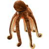 The Octopus Stuffed Animal features brown and beige colors, long curled tentacles, a soft fuzzy texture, and realistic details for extra charm.