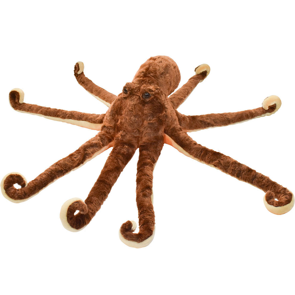 The Octopus Stuffed Animal is a brown plush toy with eight curly tentacles and round eyes, hand sewn for charm, shown on a white background.