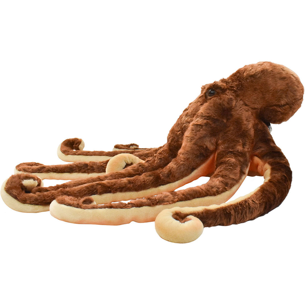 The Octopus Stuffed Animal is a large, hand-sewn plush toy shaped like a brown and beige octopus with realistic curled tentacles and a rounded head, shown lying on a white background.