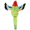 The Parrot Puppet is a vibrant hand-sewn plush toy, designed with outstretched wings and realistic features. Viewed from above, it showcases a colorful pattern with a red head, yellow and green body, blue wings, and black wingtips—making this charming puppet both lifelike and eye-catching.
