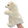 The Polar Bear Puppet, a white, fluffy hand puppet with realistic hand-sewn details, is displayed on a plain white background and animated by a person's hand inside.