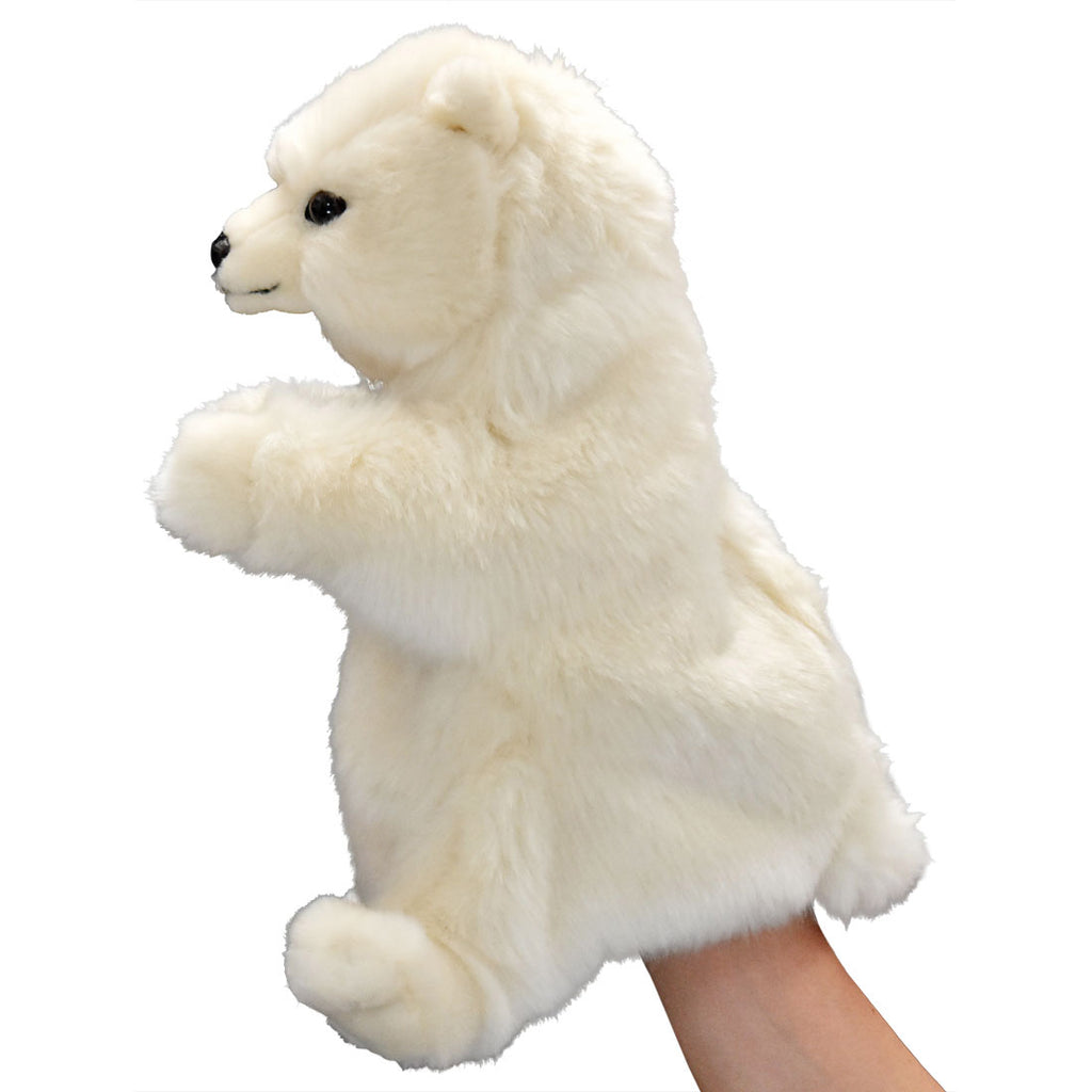 The Polar Bear Puppet, a white, fluffy hand puppet with realistic hand-sewn details, is displayed on a plain white background and animated by a person's hand inside.
