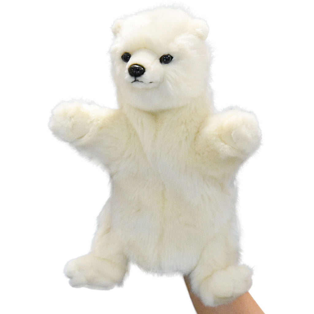 The Polar Bear Puppet features soft, fluffy white fur, black eyes, and a black nose. Hand sewn for lifelike detail, it comes to life as you move its arms from inside the puppet.