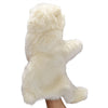 A hand holds the Polar Bear Puppet, shown from the back against a white background. The puppet has soft, fluffy fur and stands upright with arms extended, evoking the look of high-quality animal toys.