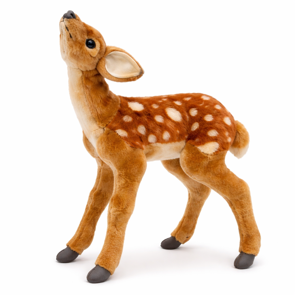 A realistic Newborn Deer Stuffed Animal fawn standing and looking upward.