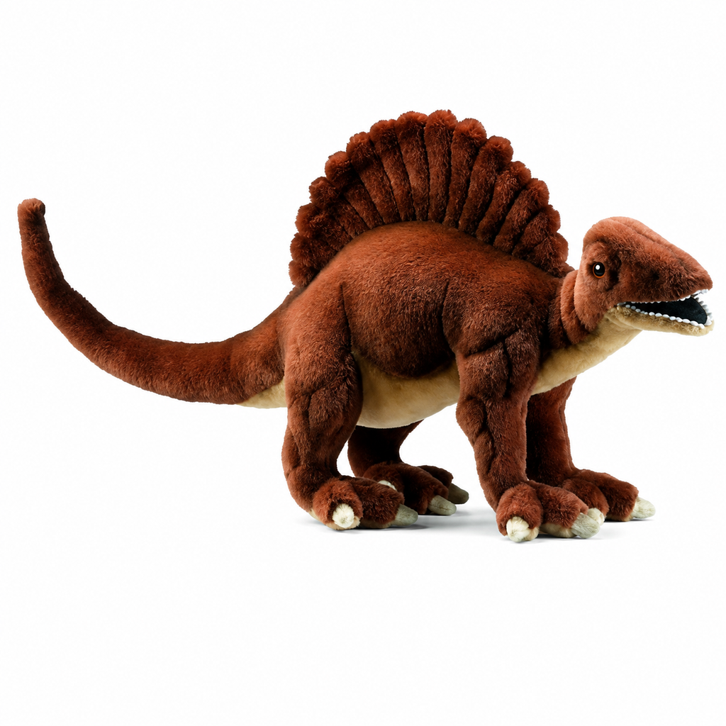 Brown plush Spinosaurus Dinosaur Stuffed Animal with a large sail on its back and an open mouth showing teeth; one of our realistic plush animals.