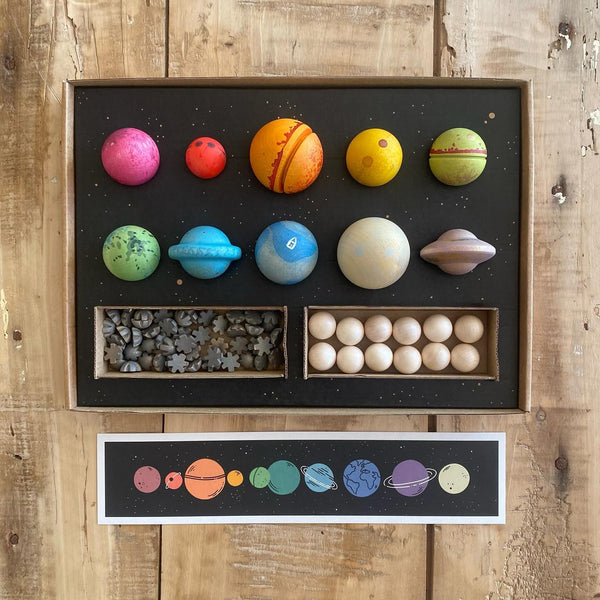 A collection of hand-painted Grapat Dear Universe toys representing planets, displayed on a wooden background, alongside wooden pieces mimicking moons and a chart depicting planetary symbols.