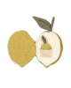 The Konges Sloejd Fabric Lemon Book is a soft, fabric lemon that opens like a book to reveal a pocket with a tiny plush toy inside. A green leaf labeled "squeeze me" adds charm, making it an adorable early sensory toy for babies.