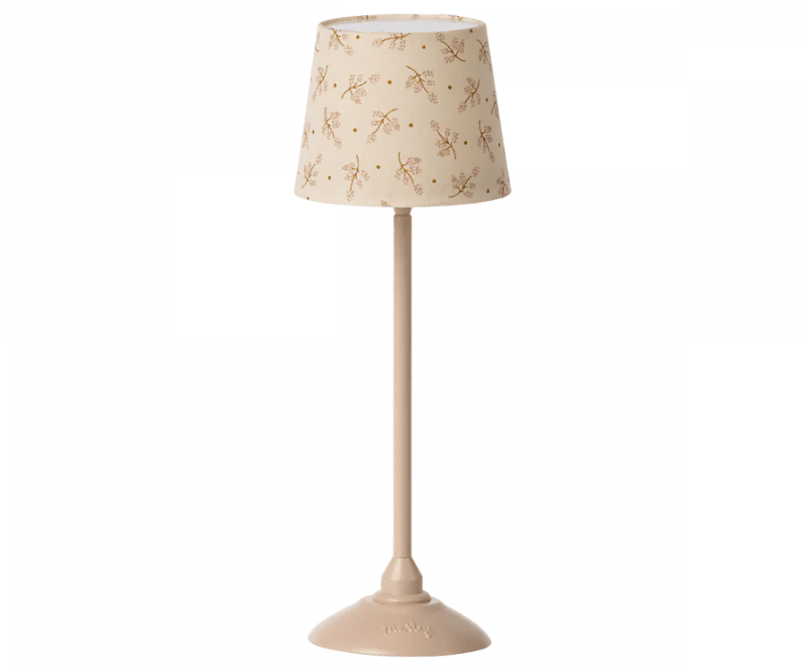 A beige table lamp with a round base, slender stem, and a simple brown floral shade—an ideal accent for your Maileg Teddy Bedroom Set (ships in one week) or beside your Maileg Teddy Mum’s favorite reading nook.