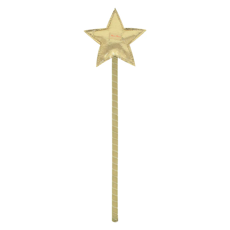 The Meri Meri Fairy Costume - Final Sale features a golden star-shaped magic wand adorned with glitter accents on a beige stick. The star has a slightly textured, shiny surface, while the stick boasts a smooth, striped pattern. This simple and whimsical design is perfect for completing any fairy costume, evoking fairy tales and magical themes.