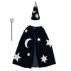 The Meri Meri Blue Velvet Wizard Costume - Final Sale includes a blue velvet cape with silver glitter stars and a crescent moon, a matching pointed hat, and a star-tipped wand, shown on a white background.