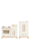 The Milton & Goose Essential Play Refrigerator, made in the USA, features a stylish white finish with natural wood accents—perfect for imaginative play and pairing with play food, shown against a plain white background.