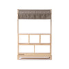 The Milton & Goose Market Stand features a handcrafted wooden frame with a light wood finish, an open shelf design, four compartments, and a gray fabric canopy—ideal for any kids' play shop with its simple, modern look.