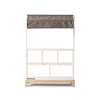 The Milton & Goose Market Stand is a handcrafted kids play shop, with a light brown fabric canopy, three open shelves, and a small wooden base—perfect for imaginative play. Shown isolated on a white background.