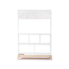 The Milton & Goose Market Stand, featuring three open shelves, a sturdy base, and a fabric canopy, is shown against a white background—ideal as a kids' play shop or stylish wooden market stand for any space.