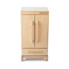 The Milton & Goose Essential Play Refrigerator, made in the USA, is a small, light wood fridge with two vertical door handles and a horizontal drawer handle—perfect for storing play food in a minimalist play kitchen setup.
