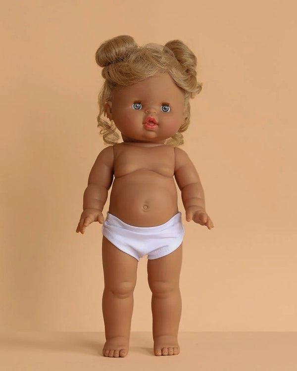 A 14-inch Minikane Standing Doll (14″) - Louisa with blonde hair styled in two buns, wearing white underwear.