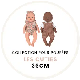 Two 36 cm "Les Cuties" dolls join Minikane Babies. One wears a floral outfit with a headband, the other has striped overalls and a white shirt. Displayed on white background, both are part of the Minikane Doll Clothing collection, featuring the Félicie Set in Cream Knit.