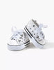 A pair of small Minikane Doll Clothing Converse Style White Sequin Sneakers with white laces and soles, ideal for 34cm or 37cm dolls and Minikane Gordis shoe collections, shown on a plain white background.