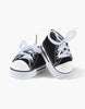 A pair of Minikane Doll Shoes | Converse Style Black Sneakers with white laces are placed side by side on a plain white background.