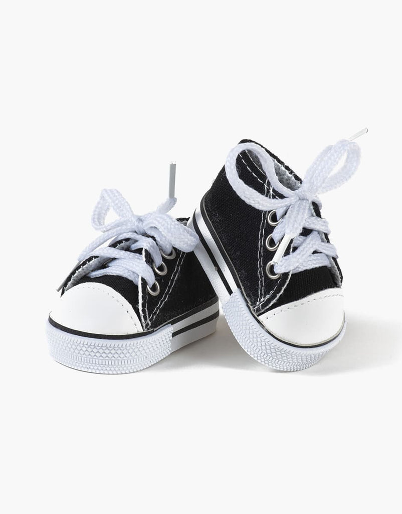 A pair of Minikane Doll Shoes | Converse Style Black Sneakers with white laces are placed side by side on a plain white background.