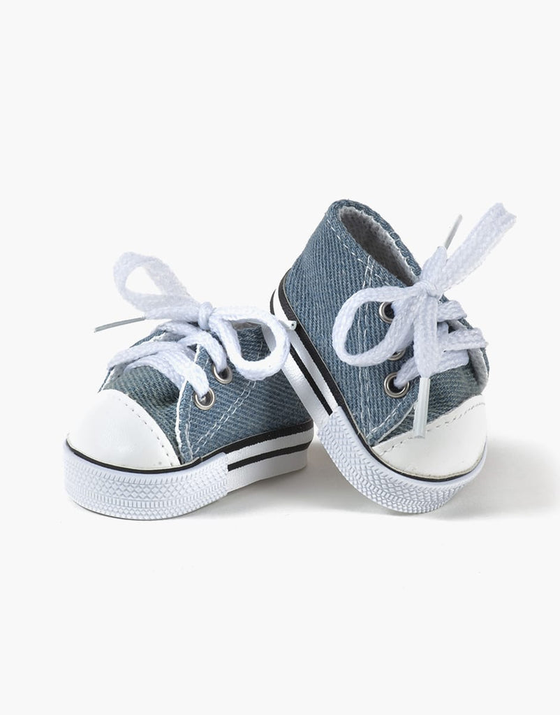Minikane Doll Shoes | Converse Style Denim Sneakers—small denim sneakers with white rubber toes, laces, and black stripes on the soles, ideal for 34cm or 37cm dolls—are shown on a white background.