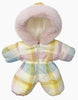 A pastel plaid ski suit from Minikane Doll Clothing, featuring a zip-up front and puffy design for added warmth. It is enhanced with a fuzzy pink hood and charming faux fur trim, reminiscent of the chic Gigi ski suit style.