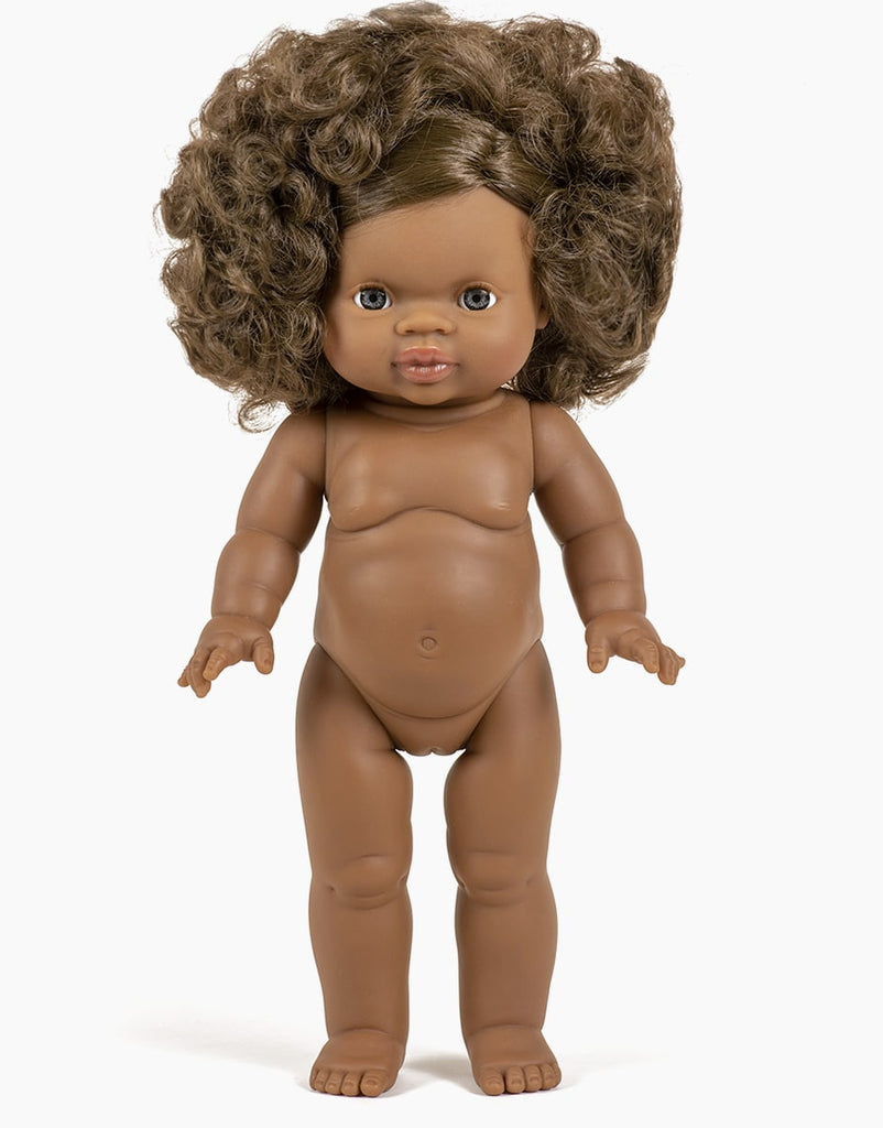 The Minikane Standing Doll (14") - Charlie stands upright against a white background. Charlie features brown skin, curly hair, light brown eyes, detailed facial features, articulated limbs, and comes unclothed (clothing sold separately).