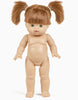 The Minikane Standing Doll (14") - Gabriella is an anatomically correct, nude doll with light skin, green eyes, and brown hair in two high pigtails. Made in Spain, she stands upright against a white background. Clothing sold separately.