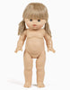 The Minikane Standing Doll (14") - Yze is a nude, anatomically correct baby doll with light skin, blue eyes, and straight blonde pigtails. Made in Spain, she stands upright against a plain white background. Clothing sold separately.