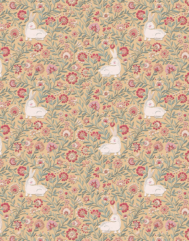 A detailed floral pattern with white rabbits seated among various red, pink, and blue flowers and green leafy vines on a beige background. The design is delicately repeated on the Minikane | Nightgown & Sleeping Mask in Bunny Print, creating a whimsical, nature-inspired motif perfect for 13 & 14" Minikane Gordis dolls.