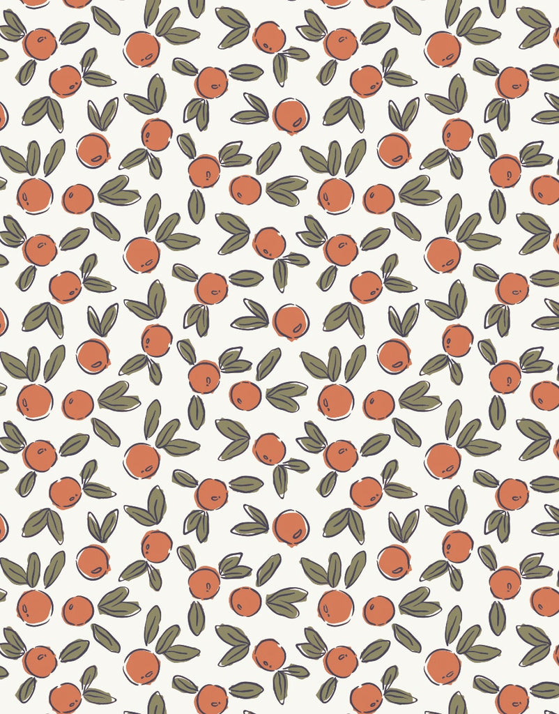 A seamless pattern featuring small, hand-drawn oranges with green leaves scattered on a light-colored background. The oranges are round and bright, reminiscent of the playful designs often seen on Minikane Doll Clothing | Pajamas and Eye Mask in Orange Blossom, creating a lively and fresh design.