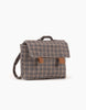 A Minikane School Bag - Flannel, featuring a small checkered fabric and reminiscent of a Swan flannel satchel, is equipped with a top handle and two brown leather tabs on the flap. The bag showcases a chic gray and beige checkered pattern with a soft, woolen texture. Inside, "MADE IN FRANCE" is subtly stitched. The background is plain white.