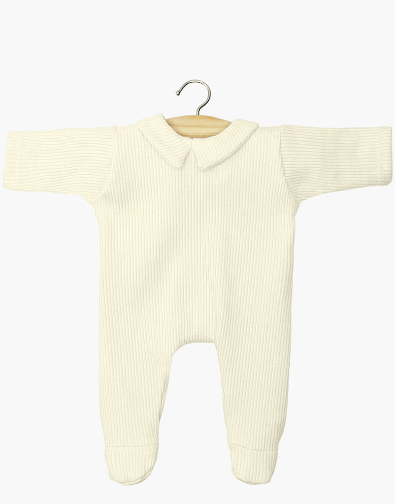 The Minikane 11" Doll Clothing | Sleep Well Corentin Onesie in Ribbed Knit - Yellow features long sleeves, footed legs, and a rounded collar, shown on a wooden hanger against a plain white background.