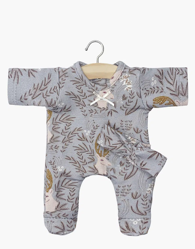 The Minikane 11" Doll Clothing | Élaphe Jersey is a light gray baby romper with long sleeves, woodland-themed leaf and deer designs, and an attached matching hat, hanging on a wooden hanger. Ideal for styling Minikane dolls or your little one.