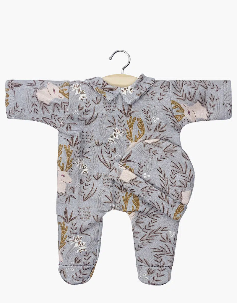 A Minikane 11" Doll Clothing | Corentin romper with long sleeves, featuring a gray background and whimsical leaves, branches, and abstract animals in muted brown and beige tones. Comes on a hanger.