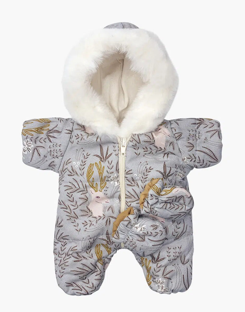 A gray baby snowsuit with a fluffy white hood lining and an animal and leaf pattern, perfect for winter warmth, offers the snugness of dressing dolls in the Minikane 11" Doll Clothing Elaphe Pilot and Mitten Jumpsuit Set.