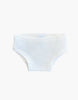 A pair of plain white, cotton toddler-sized underwear against a white background. The underwear is simple in design, featuring an elastic waistband and leg openings, perfect for Minikane Doll Clothing | Culotte in White Cotton.