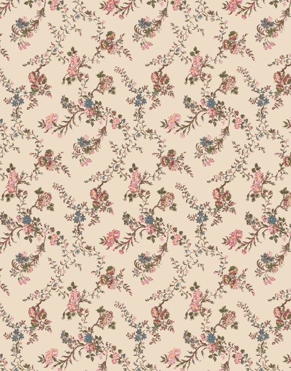 The Minikane Doll Clothing | Emile & Ida, Dress - Orchid features a vintage floral pattern with pink, red, and blue flowers plus green leaves on light beige, perfect for Minikane Gordis dolls or infants 34 & 37cm.