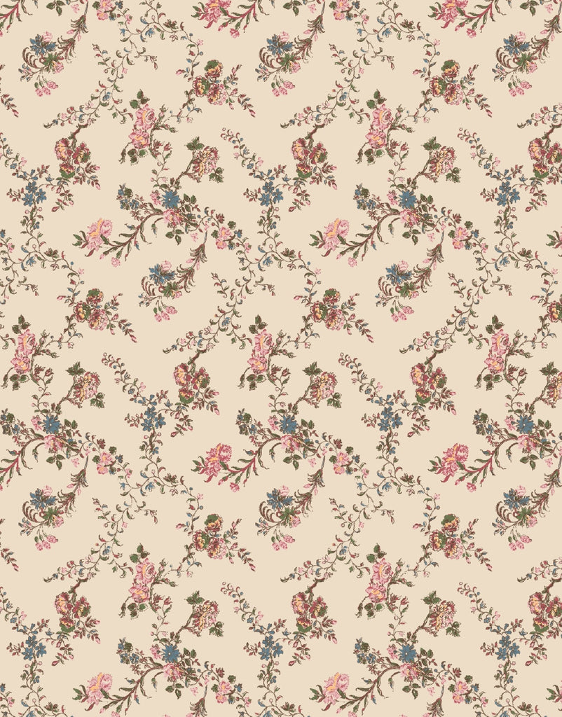 A seamless floral pattern with intricate clusters of pink, red, and blue flowers accompanied by green leaves, arranged diagonally on a beige backdrop. This vintage design exudes a delicate and elegant charm—perfect for fabric or wallpaper, and ideal for creating enchanting outfits like the Karina Robe in Orchid with Headband from Minikane Doll Clothing for 28cm dolls.