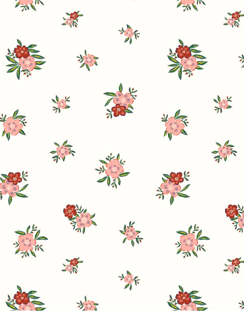 A seamless pattern of small, scattered floral bouquets featuring red and pink flowers with green leaves on a white background. Perfect for crafting Minikane Doll Clothing | Set of 2 Diapers in Petal Pink and Floral for 28cm dolls or creating matching accessories for Minikane Babies, the flowers are evenly spaced and create a delicate, elegant design.
