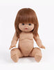 A lifelike Minikane Baby Doll (13") - Capucine with brown hair, blue eyes, and a neutral expression sits upright with its legs spread and arms extended forward. The anatomically correct doll is unclothed, showcasing detailed features like fingers, toes, and a belly button.
