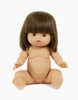 Introducing the Minikane Baby Doll (13") - Jeanne, a realistic and anatomically correct baby doll with fair skin, blue eyes, and short brown hair with bangs. Jeanne exudes a delightful natural vanilla scent and is seated with her legs spread and arms reaching forward. Note: Clothing is sold separately.