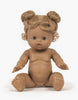 The Minikane Baby Doll (13") - Louise features brown skin, curly blonde hair in two buns, blue eyes, and sits upright. It's anatomically correct, unclothed with legs slightly apart and arms forward. A gentle vanilla scent enhances its charm.