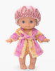 Introducing the Mini Pancha Doll - Alice with Pink Striped Bath Set: a high-quality vinyl doll dressed in a pink shower cap, pink and beige striped bathrobe, and yellow patterned shorts, standing against a white background—perfect for inspiring imaginative play.
