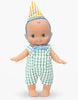 The Mini Pancha Doll - Zebulon with Green Gingham Birthday Outfit features a charming design with a yellow and white striped party hat, blue bowtie, and green-and-white checkered overalls. Crafted from high-quality vinyl, Zebulon stands barefoot against a plain white background—perfect for inspiring imaginative play.