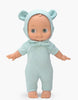 A Minikane Mini Pancha Doll - Zebulon with Mint Blue Mouse Outfit stands facing forward, featuring wide eyes and a small smile, dressed in a mint blue hooded onesie with adorable mouse ears—perfect for encouraging imaginative play.