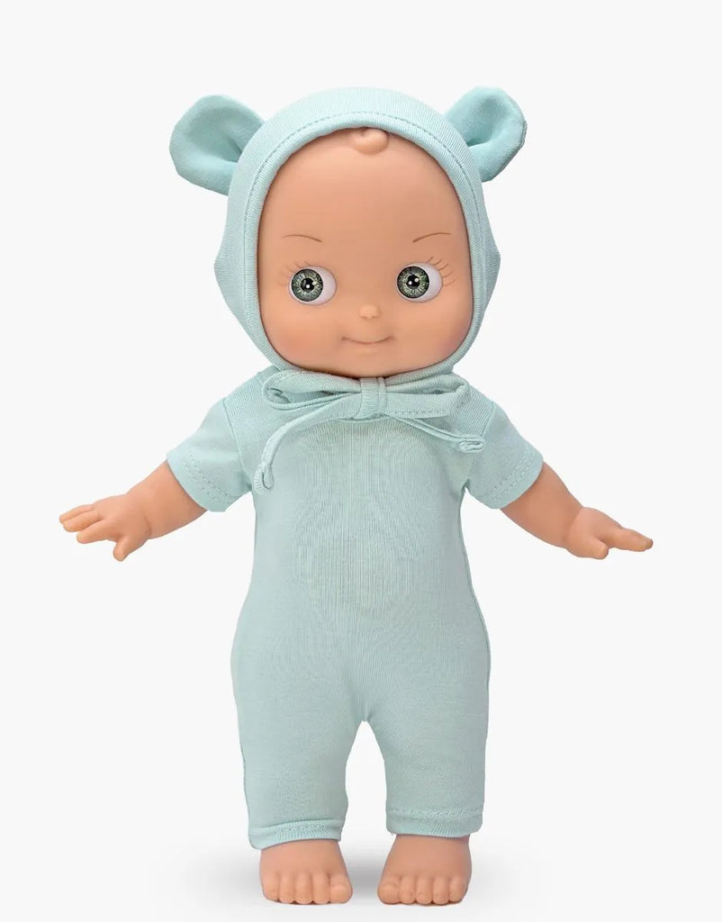 A Minikane Mini Pancha Doll - Zebulon with Mint Blue Mouse Outfit stands facing forward, featuring wide eyes and a small smile, dressed in a mint blue hooded onesie with adorable mouse ears—perfect for encouraging imaginative play.