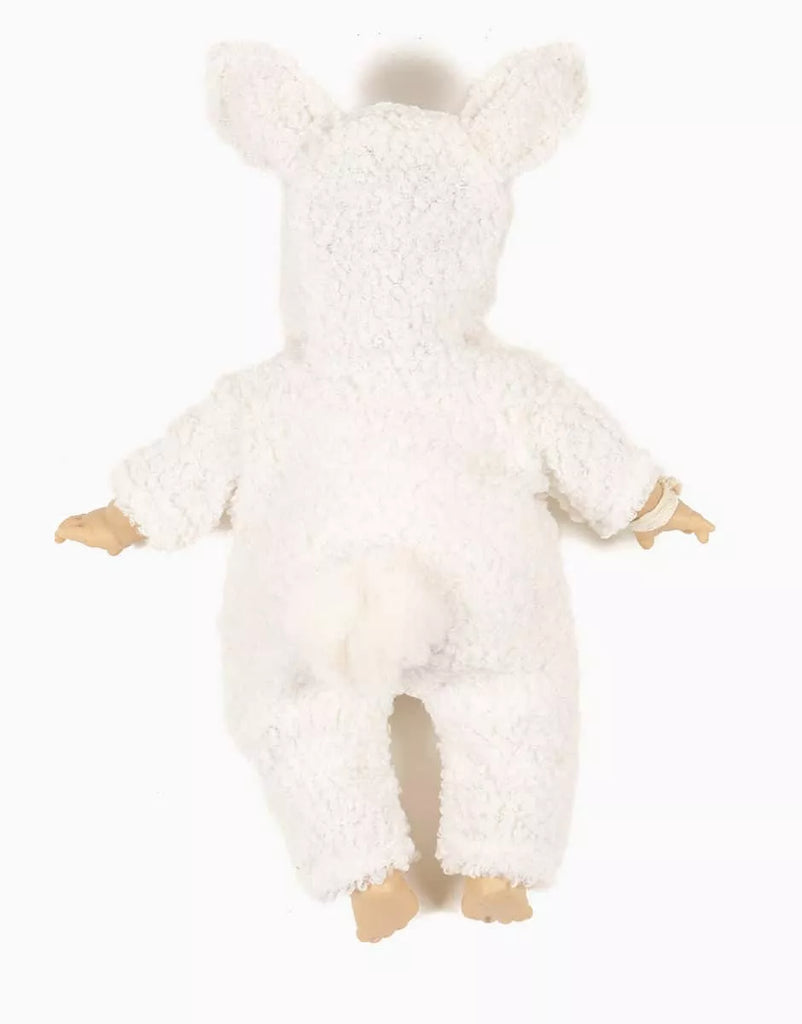 A Minikane 11" Doll wears the Jeannot Jumpsuit & Diaper in Suitcase Set, featuring a fluffy white jumpsuit with bunny ears and tail, shown from the back with visible arms and legs.